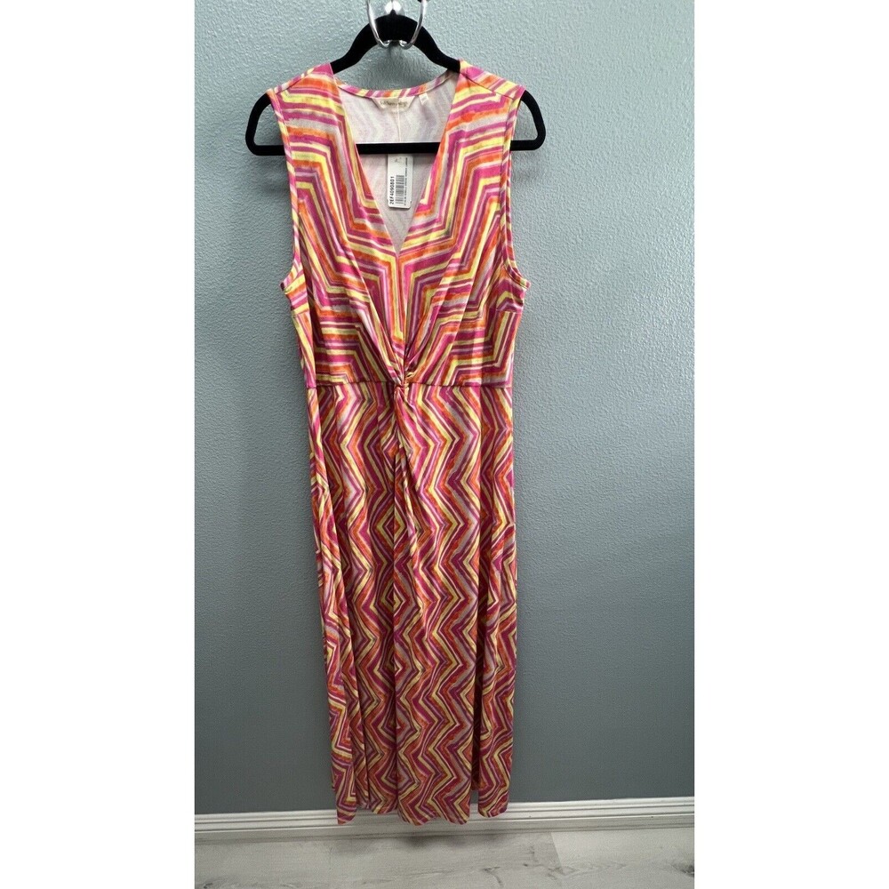 Soft Surroundings Maxi Dress Knot Front Pink Orange Chevron Stripe Women's L New